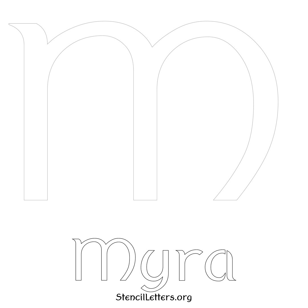 Myra printable name initial stencil in Ancient Lettering